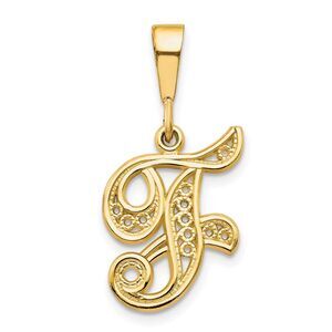 14k Yellow Gold, Maci Collection, LG Filigree Script Initial F Pendant
